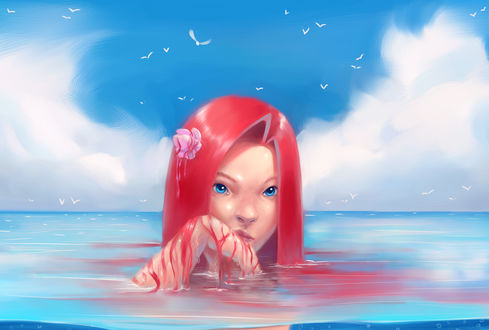 Обои на рабочий стол Девушка с красными волосами в воде, by Andrew Panchenko
