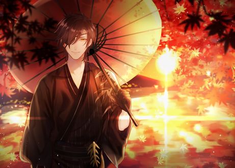 Обои на рабочий стол Shokudaikiri Mitsutada / Шокудаикири Мицутада в юкате с зонтом на фоне заката персонаж из игры и аниме Touken Ranbu / Танец мечей