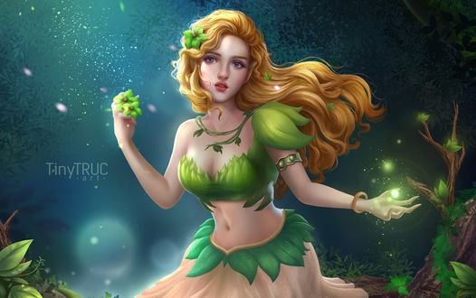 Обои на рабочий стол Девушка с цветком в руке и магией над другой рукой, by TinyTruc