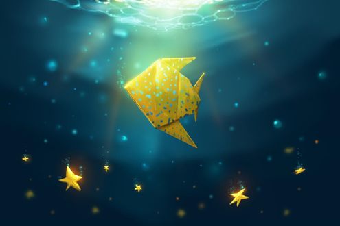 Обои на рабочий стол Бумажная золотая рыбка со звездами под водой, by ShootingStarLogBook