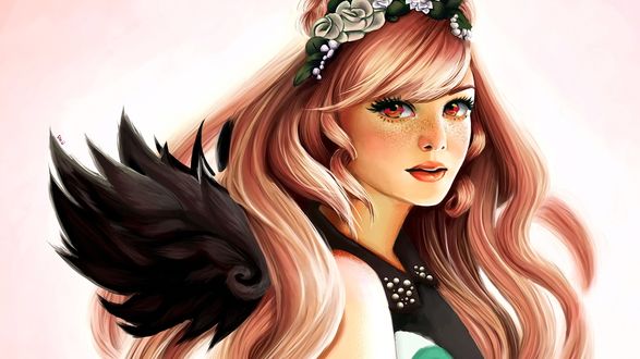 Обои на рабочий стол Девушка с цветами на волосах, by Pink-Wasabee