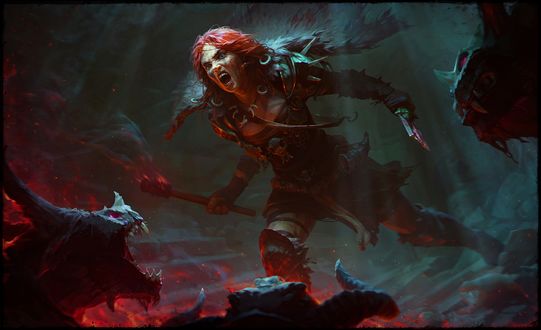 Обои на рабочий стол Девушка-варвар в бою с монстрами, арт к игре Diablo 4, by Alexandr Leskinen