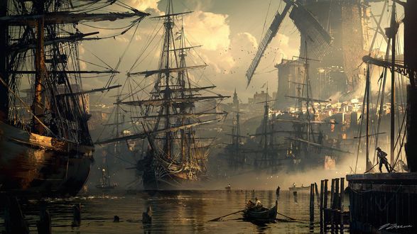 Обои на рабочий стол Корабли на воде у берега с мельницей, by darekzabrocki