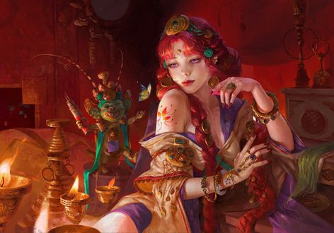 Обои на рабочий стол Жрица Mengpo сидит в покоях при зажженных свечах, by Tea Me