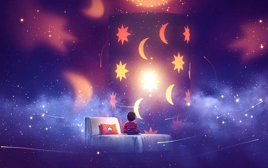 Обои на рабочий стол Ребенок сидит на кровати и смотрит на ночное небо, by Gene Raz von Edler