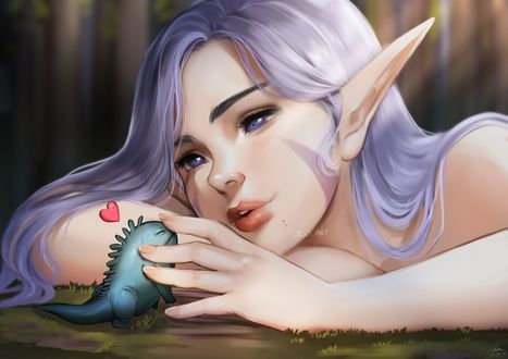 Обои на рабочий стол Светловолосая эльфийка и зеленый динозаврик, by JojoPloy