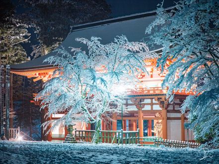Обои на рабочий стол Дом на зимней улице с горящими фонарями, Japan / Япония