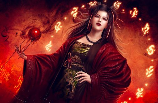 Обои на рабочий стол Колдунья с окровавленным шаром над ладонью из игры Legend of the Five Rings / Легенда о Пяти Кольцах, by Mario Wibisono