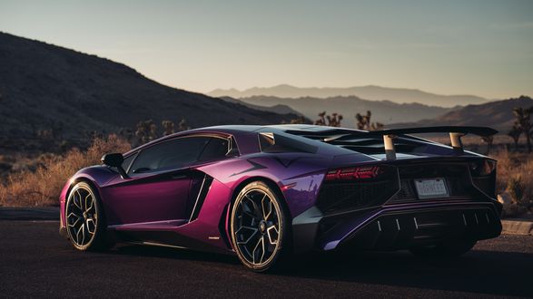 Обои на рабочий стол Фиолетовый Lamborghini Aventador LP 750 стоит на фоне холмов