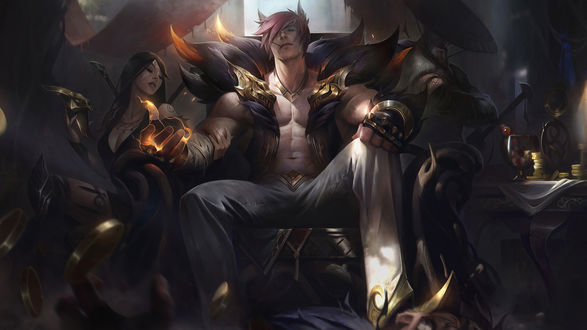 Обои на рабочий стол Akali / Акали возле, сидящего на троне, Sett / Сетта из игры League of Legends / Лига Легенд