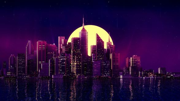 Обои на рабочий стол Город Нью-Йорк / New York, США / USA на фоне неба с полной луной