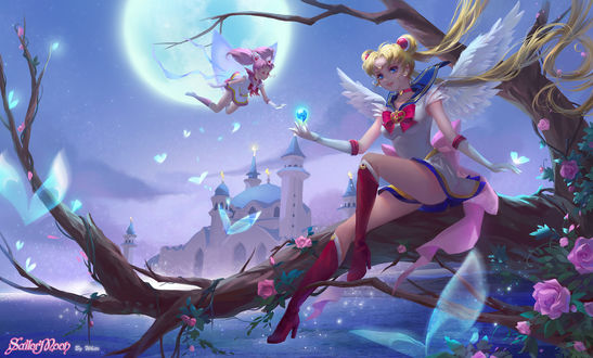 Обои на рабочий стол Sailor Moon / Сейлор Мун сидит на дереве с кристаллом над рукой