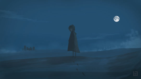 Обои на рабочий стол Девочка в плаще стоит на фоне неба с луной, by @tosakanoseki