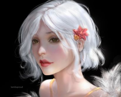 Обои на рабочий стол Белокурая девушка с цветком на волосах, by Tatiana Hordiienko