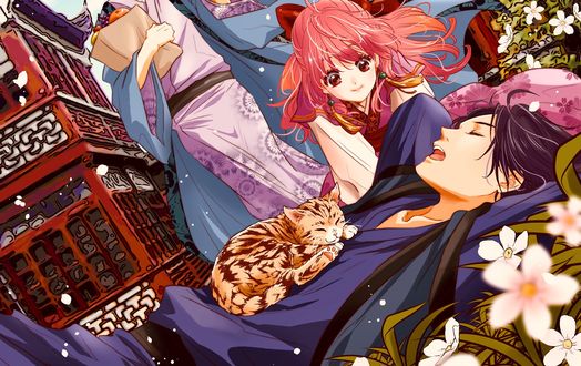 Обои на рабочий стол Yona, Kija и лежащий Hak, на котором спит котенок, в дворцовом парке, из аниме Akatsuki no Yona / Рассвет Йоны