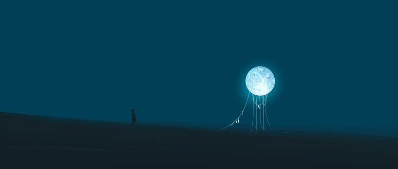 Обои на рабочий стол Девочка стоит и смотрит на полную луну с веревочками, by gracile_jp·