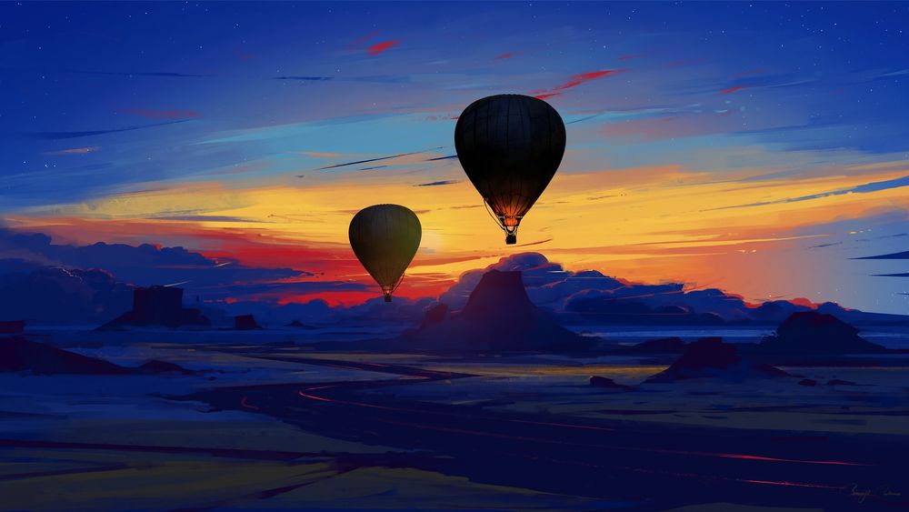 Обои для рабочего стола Воздушные шары над землей на фоне яркого неба, by BisBiswas