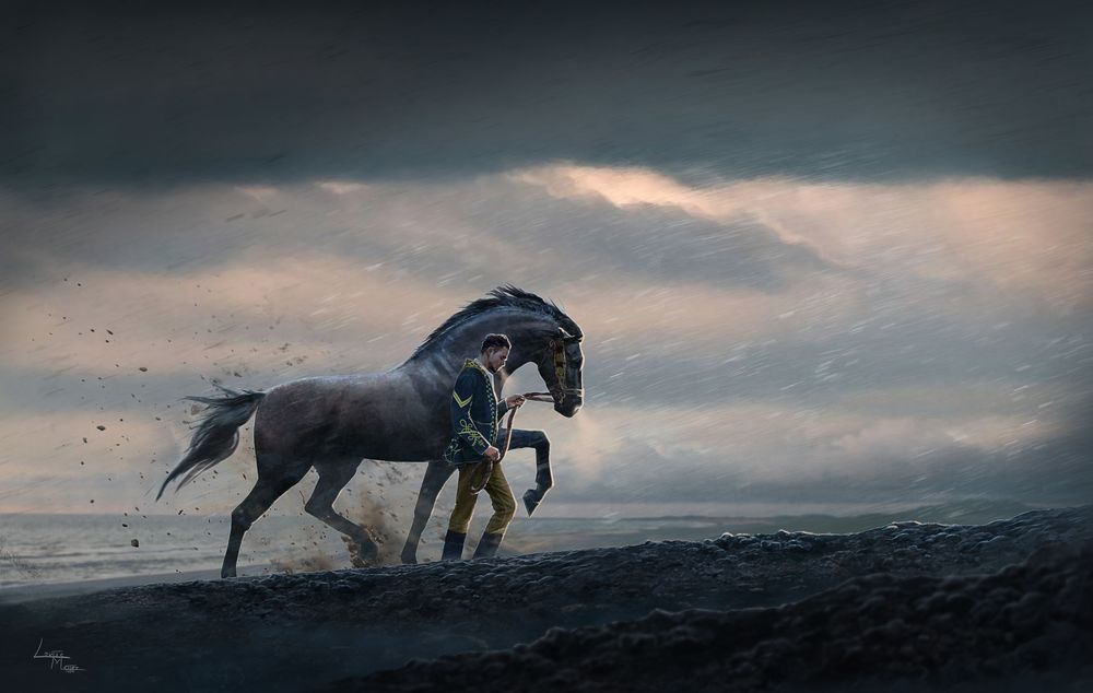 Обои для рабочего стола Мужчина с конем идут по берегу моря под хмурым небом и дождем со снегом, by Roiuky