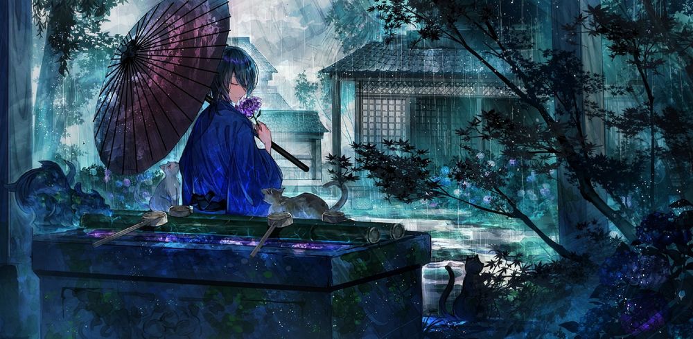 Обои для рабочего стола Девушка с зонтом и цветком в руке сидит под дождем и рядом с ней кошка
