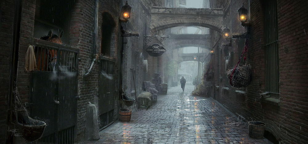 Обои для рабочего стола Мужчина идет под дождем по улице старого города к конюшне, by Roiuky
