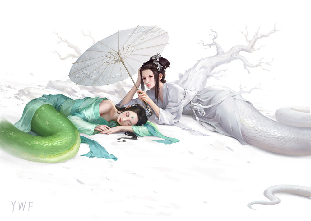 Обои для рабочего стола Две девушки-змеи, by wenfei ye