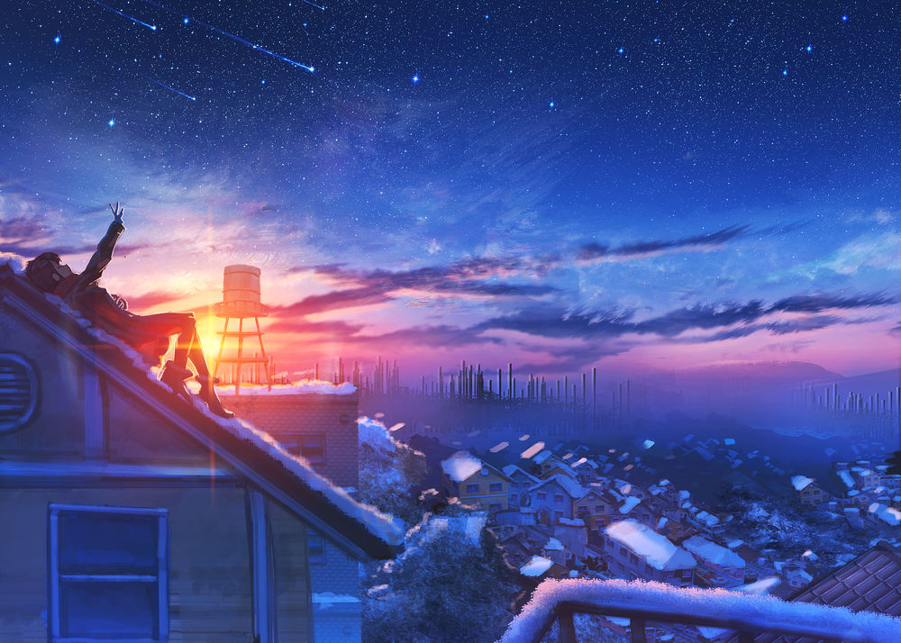 Обои для рабочего стола Девочка лежит на крыше дома и смотрит на ночное звездное небо, by Nakomo
