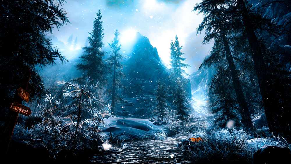 Обои для рабочего стола Зимний пейзаж, компьютерная игра The Elder Scrolls V: Skyrim, by WatchTheSkiies