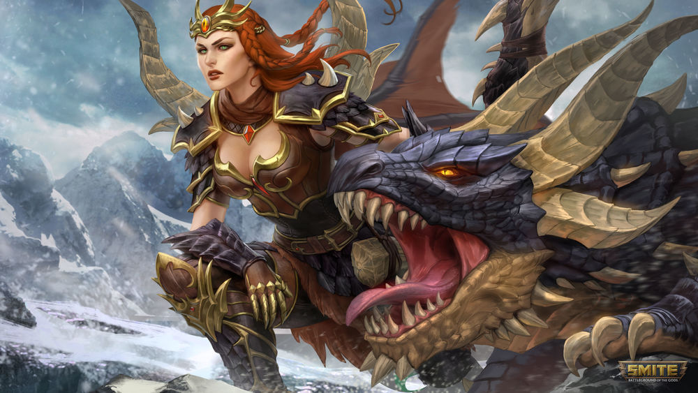 Обои для рабочего стола Богиня зимы Skadi / Скади с драконом из игры Smite, by MarmaduX