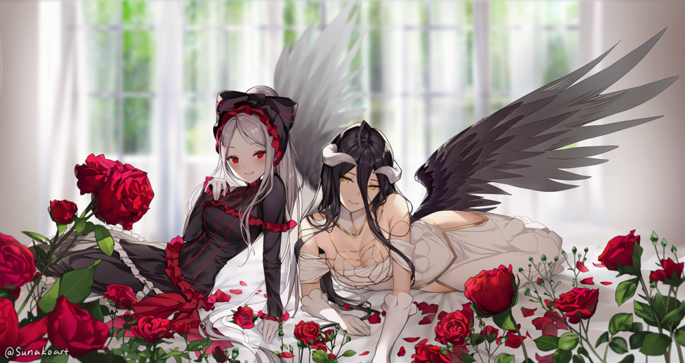 Обои для рабочего стола Shalltear Bloodfallen / Шалтир Бладфоллен и Albedo / Альбедо лежат у роз, персонажи из аниме Overlord / Повелитель, автор sunako (veera)