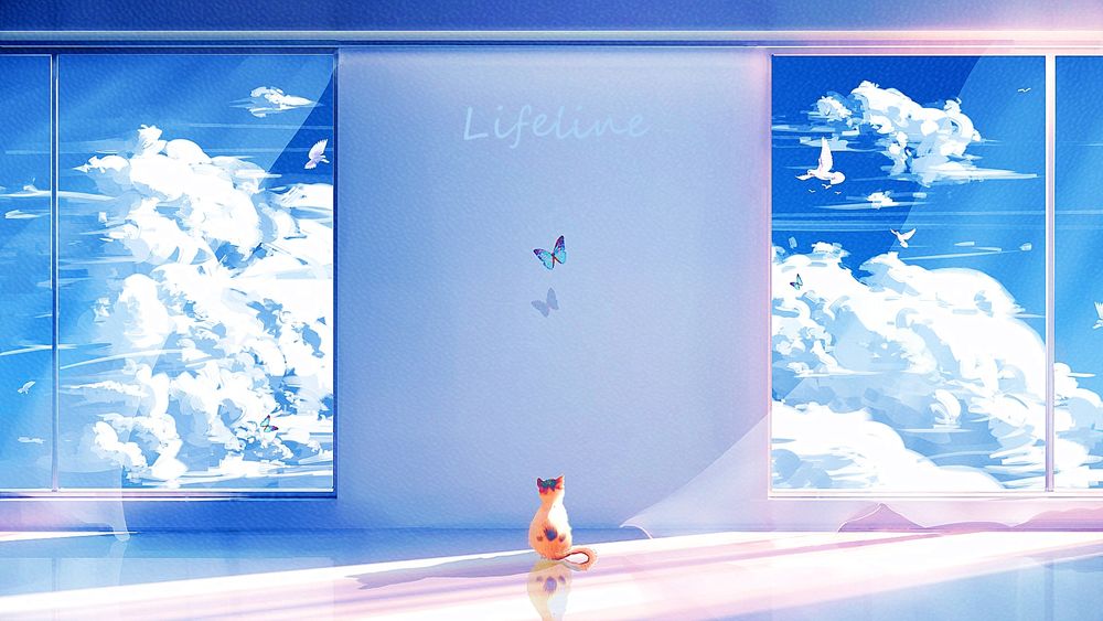 Обои для рабочего стола Котенок сидит у стены с большими окнами, с видом на голубое облачное небо и смотрит на порхающую бабочку, by Lifetine