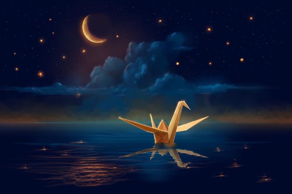 Обои для рабочего стола Бумажный журавль на морской глади под ночным, лунным, звездным небом, by ShootingStarLogBook
