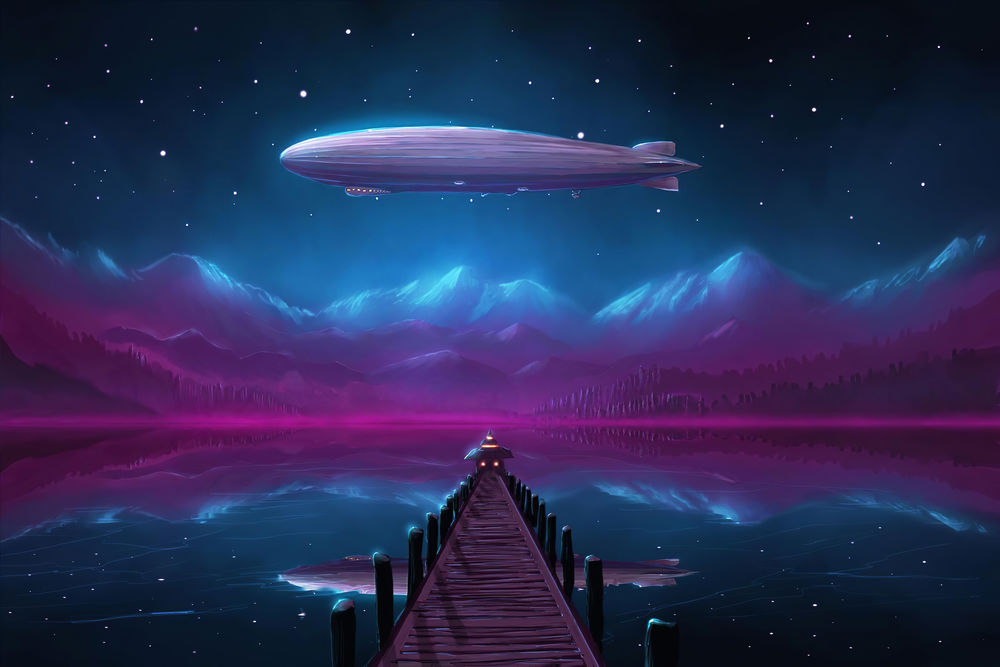 Обои для рабочего стола Деревянный пирс в озере и космический корабль в ночном звездном небе на фоне заснеженных гор, светящихся от северного сияния, by ShootingStarLogBook