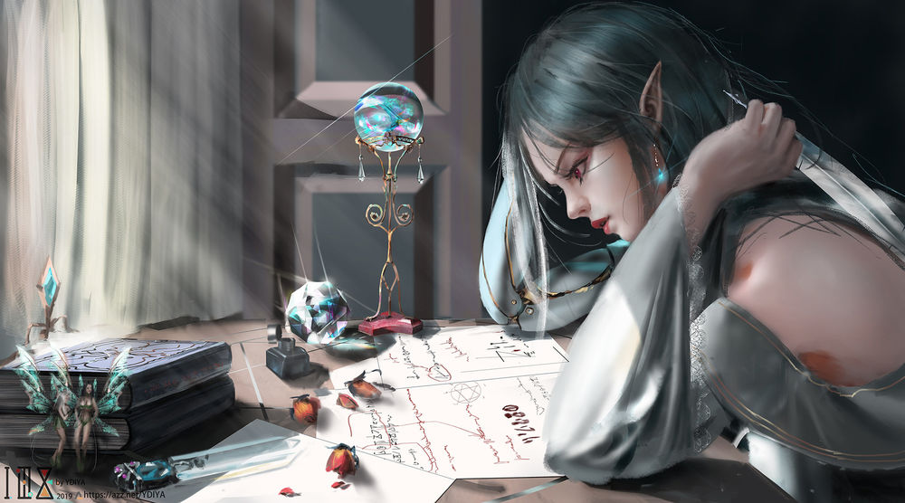 Обои для рабочего стола Девушка - эльфийка сидит за столом с пером в руке. Art by YDIYA-Shiwen Liu