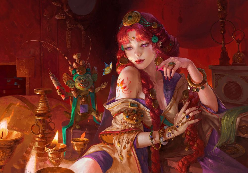 Обои для рабочего стола Жрица Mengpo сидит в покоях при зажженных свечах, by Tea Me