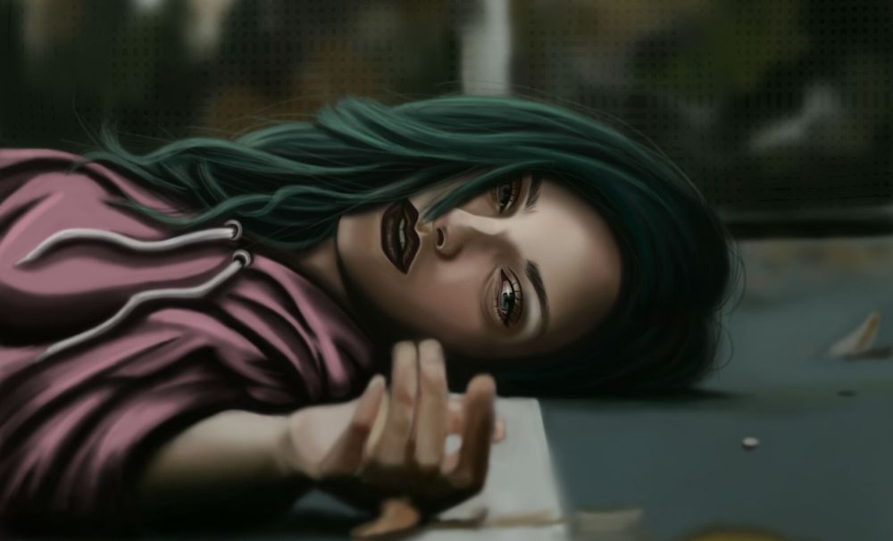 Обои для рабочего стола Девушка лежит на дороге, by Erika Saguran