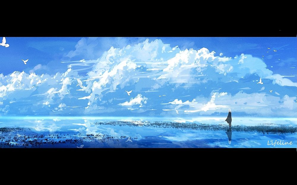 Обои для рабочего стола Девочка стоит на воде на фоне облачного неба с голубями на нем, by Lifeline