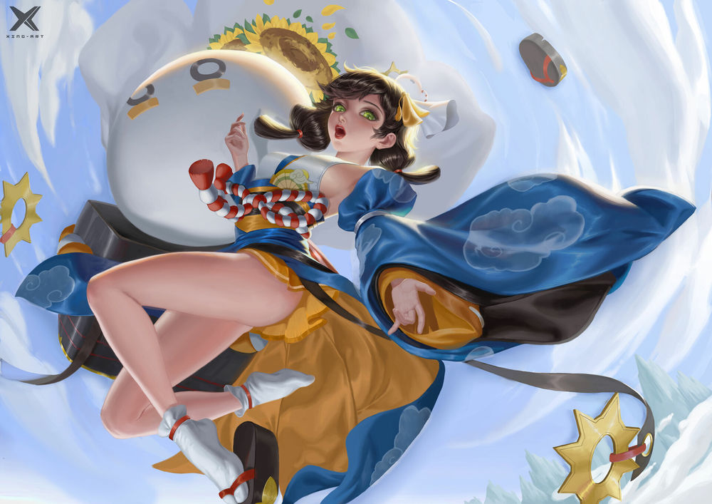 Обои для рабочего стола Зеленоглазая девушка в сине-желтом платье, by Star Academy