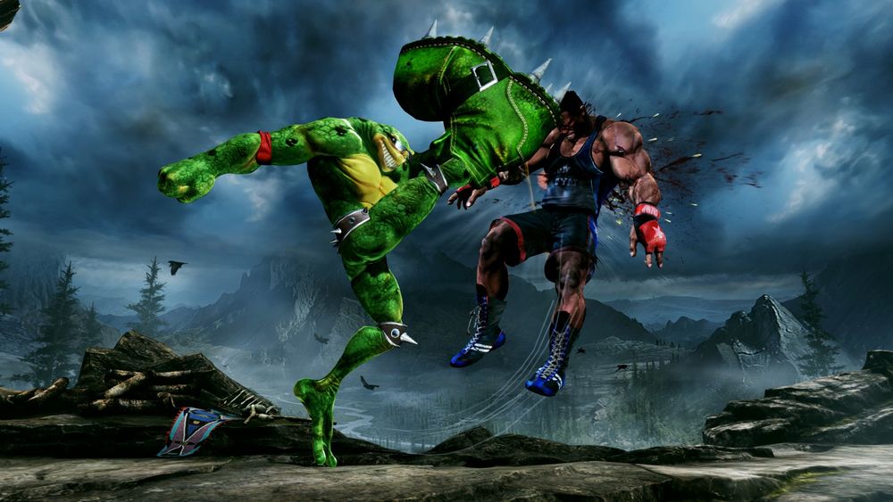 Обои для рабочего стола Killer Instinct 3 зеленая боевая жаба пинает большим ботинком на фоне гор и синего неба