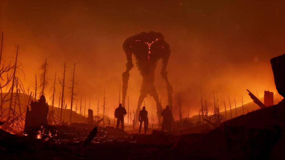 Обои для рабочего стола Апокалипсис трое людей стоят на фоне обгорелых деревьев и дыма их преследует большой гуманоид) инопланетянин)