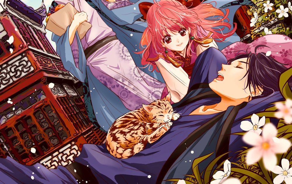 Обои для рабочего стола Yona, Kija и лежащий Hak, на котором спит котенок, в дворцовом парке, из аниме Akatsuki no Yona / Рассвет Йоны