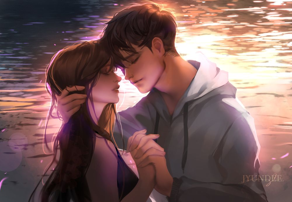 Обои для рабочего стола Влюбленные юноша и девушка у воды, by Jyundee