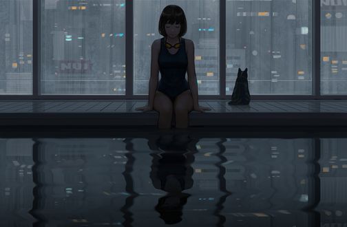 Обои на рабочий стол Девушка сидит у бассейна, а кошка смотрит в окно, by GUWEIZ