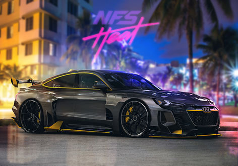 Обои на рабочий стол Черный с желтым Audi E-Tron в ночном городе, из игры Need For Speed, by Redz