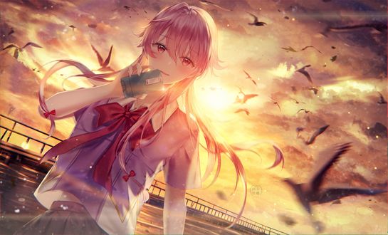 Обои на рабочий стол Gasai Yuno / Юно Гасай с телефоном в руке на фоне заката, персонаж из аниме Mirai Nikki / Future Diary / Дневник Будущего, art by Junpaku Karen