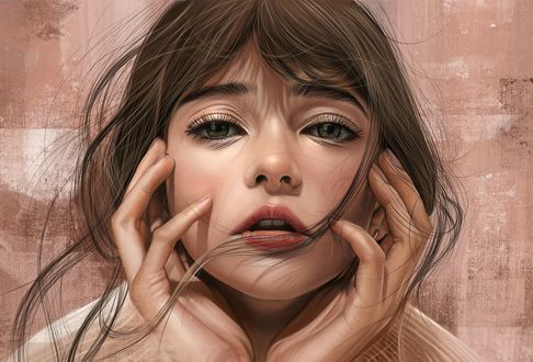 Обои на рабочий стол Девушка держит руки у лица, by Vincent Chu