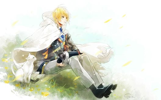 Обои на рабочий стол Tsurumaru Kuninaga / Тсурумару Кунинага сидит на травке фоне неба из игры и аниме Touken Ranbu / Танец мечей