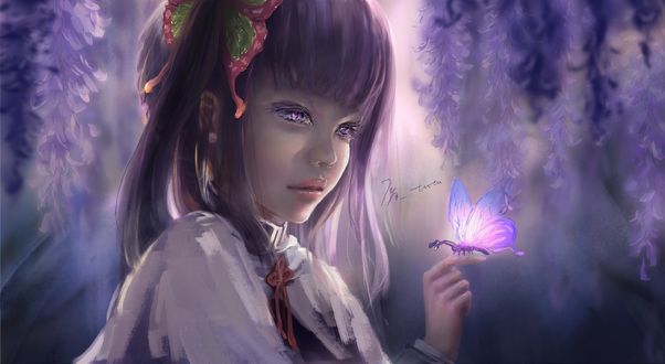 Обои на рабочий стол Kanao Tsuyuri / Канао Цуюри со светящейся бабочккой из аниме Demon Slayer, by tutu