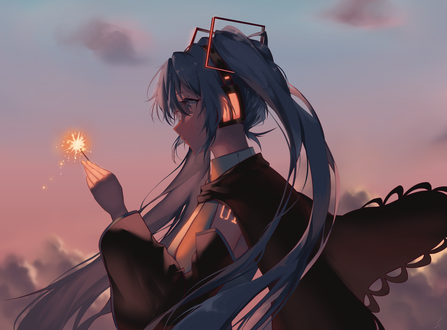 Обои на рабочий стол Vocaloid Hatsune Miku / Вокалоид Хатсунэ Мику в наушниках и бенгальским огнем в руке, by saihate