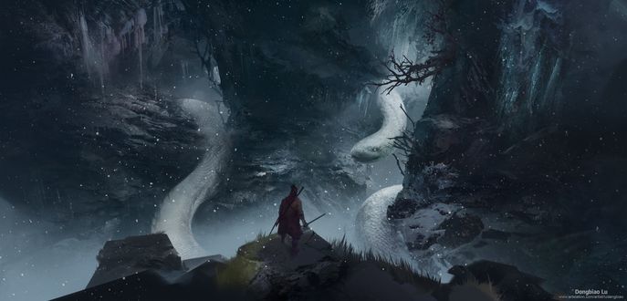 Обои на рабочий стол Воин Sekiro / Секиро / Волк и гигантская белая змея из игры Sekiro: Shadows Die Twice, by dongbiao lu