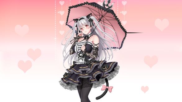 Обои на рабочий стол Девушка-кошка Harajuku Mimi / Харадзюку Мими в черном платье в готическом стиле, держит в руке зонт, персонаж из игры Tokyo Exe Girls, art by Shimashima08123